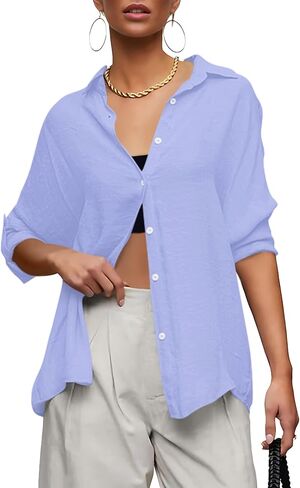 AISEW Womens Button Down V Neck Collared Shirts Dressy Casual Long Sleeve Roll Up Blouses Loose Cover Ups Tunic Tops in Saudi Arabia