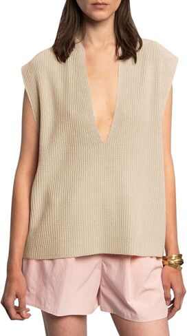 سترة نسائية من Langwyqu بفتحة رقبة على شكل V عميقة مقاس كبير بدون أكمام مضلع ومتماسكة وأكمام قصيرة لصيف 2024 قطع علوية غير رسمية in Kuwait