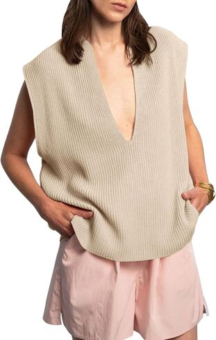 سترة نسائية من Langwyqu بفتحة رقبة على شكل V عميقة مقاس كبير بدون أكمام مضلع ومتماسكة وأكمام قصيرة لصيف 2024 قطع علوية غير رسمية in Kuwait