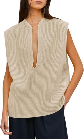 سترة نسائية من Langwyqu بفتحة رقبة على شكل V عميقة مقاس كبير بدون أكمام مضلع ومتماسكة وأكمام قصيرة لصيف 2024 قطع علوية غير رسمية in Kuwait