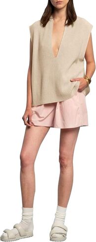 سترة نسائية من Langwyqu بفتحة رقبة على شكل V عميقة مقاس كبير بدون أكمام مضلع ومتماسكة وأكمام قصيرة لصيف 2024 قطع علوية غير رسمية in Kuwait