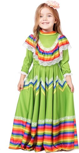 فستان مكسيكي للفتيات، فستان مكسيكي تقليدي، فستان سينكو دي مايو فييستا، فستان رقص فولكلوريكو للأطفال in Kuwait