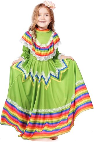 فستان مكسيكي للفتيات، فستان مكسيكي تقليدي، فستان سينكو دي مايو فييستا، فستان رقص فولكلوريكو للأطفال in Kuwait