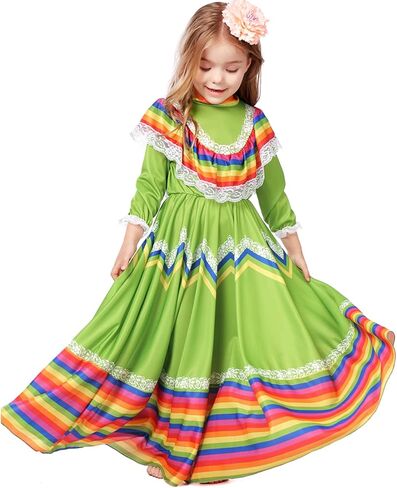 فستان مكسيكي للفتيات، فستان مكسيكي تقليدي، فستان سينكو دي مايو فييستا، فستان رقص فولكلوريكو للأطفال in Kuwait