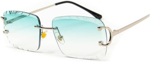 Street Knitted Rimless Luxury Hip Hop Gem Cut Turquoise Tint Silver Frame Rectangle Sunglasses, Turquoise, Large in Saudi Arabia