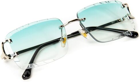 Street Knitted Rimless Luxury Hip Hop Gem Cut Turquoise Tint Silver Frame Rectangle Sunglasses, Turquoise, Large in Saudi Arabia