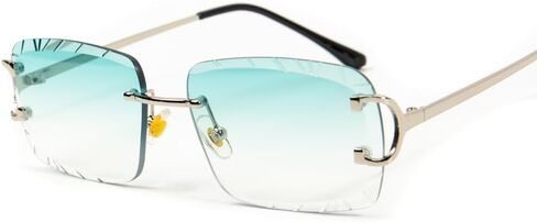 Street Knitted Rimless Luxury Hip Hop Gem Cut Turquoise Tint Silver Frame Rectangle Sunglasses, Turquoise, Large in Saudi Arabia