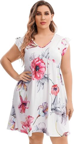 فستان AMZ PLUS نسائي صيفي مقاس كبير كاجوال بأكمام قصيرة ورقبة على شكل V فستان متوسط ​​الطول فضفاض مع جيوب in Kuwait