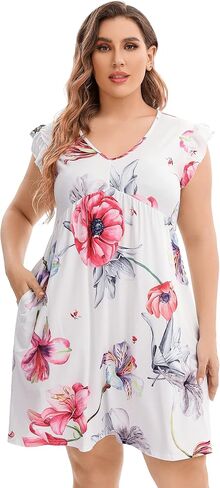 فستان AMZ PLUS نسائي صيفي مقاس كبير كاجوال بأكمام قصيرة ورقبة على شكل V فستان متوسط ​​الطول فضفاض مع جيوب in Kuwait