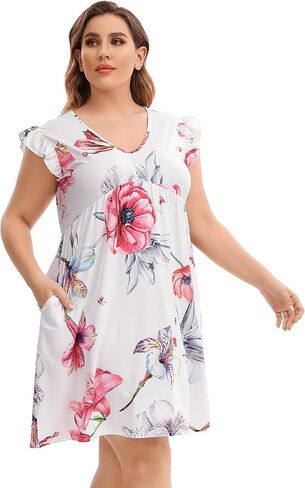 فستان AMZ PLUS نسائي صيفي مقاس كبير كاجوال بأكمام قصيرة ورقبة على شكل V فستان متوسط ​​الطول فضفاض مع جيوب in Kuwait