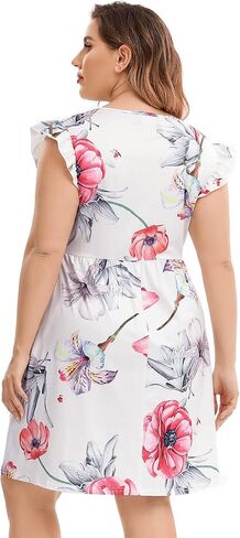 فستان AMZ PLUS نسائي صيفي مقاس كبير كاجوال بأكمام قصيرة ورقبة على شكل V فستان متوسط ​​الطول فضفاض مع جيوب in Kuwait