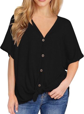 IWOLLENCE المرأة فضفاضة هينلي بلوزة الخفافيش الجناح قصيرة الأكمام زر أسفل تي شيرت التعادل الجبهة عقدة القمم in Kuwait