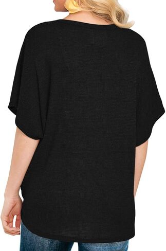 IWOLLENCE المرأة فضفاضة هينلي بلوزة الخفافيش الجناح قصيرة الأكمام زر أسفل تي شيرت التعادل الجبهة عقدة القمم in Kuwait