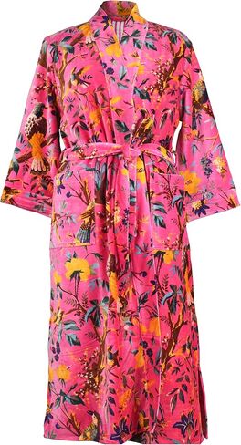 Namaste Trends Kimono Dressing Gown Luxury Pink Yellow Bird Floral Velvet Kimono in Saudi Arabia