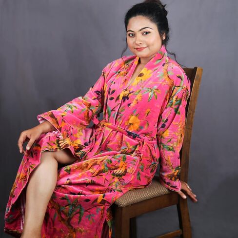 Namaste Trends Kimono Dressing Gown Luxury Pink Yellow Bird Floral Velvet Kimono in Saudi Arabia