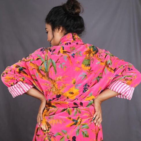 Namaste Trends Kimono Dressing Gown Luxury Pink Yellow Bird Floral Velvet Kimono in Saudi Arabia