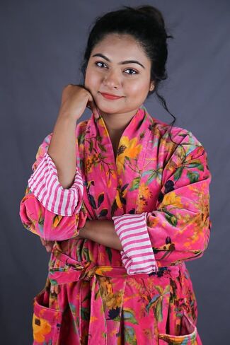 Namaste Trends Kimono Dressing Gown Luxury Pink Yellow Bird Floral Velvet Kimono in Saudi Arabia
