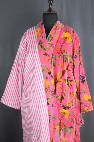 Namaste Trends Kimono Dressing Gown Luxury Pink Yellow Bird Floral Velvet Kimono in Saudi Arabia