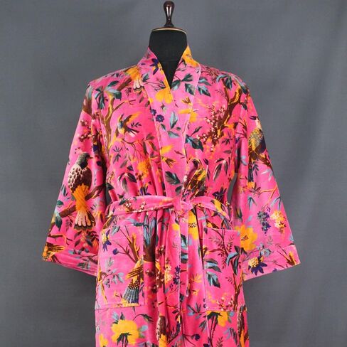 Namaste Trends Kimono Dressing Gown Luxury Pink Yellow Bird Floral Velvet Kimono in Saudi Arabia