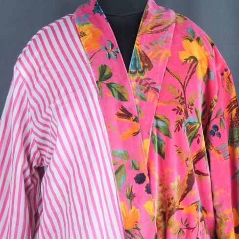 Namaste Trends Kimono Dressing Gown Luxury Pink Yellow Bird Floral Velvet Kimono in Saudi Arabia