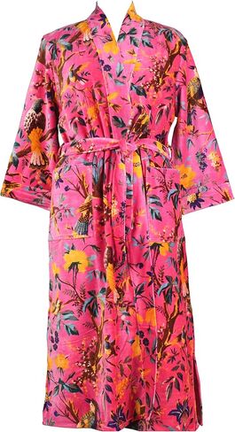 Namaste Trends Kimono Dressing Gown Luxury Pink Yellow Bird Floral Velvet Kimono in Saudi Arabia