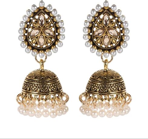 Jhumki جرس اللؤلؤ قصيرة تتدلى أقراط للنساء الفتيات بوهو خمر دمعة تشيكوسلوفاكيا زهرة كبيرة مسمار تتدلى هدايا مجوهرات الأزياء هيبوالرجينيك in Kuwait