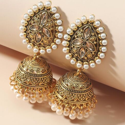 Jhumki جرس اللؤلؤ قصيرة تتدلى أقراط للنساء الفتيات بوهو خمر دمعة تشيكوسلوفاكيا زهرة كبيرة مسمار تتدلى هدايا مجوهرات الأزياء هيبوالرجينيك in Kuwait