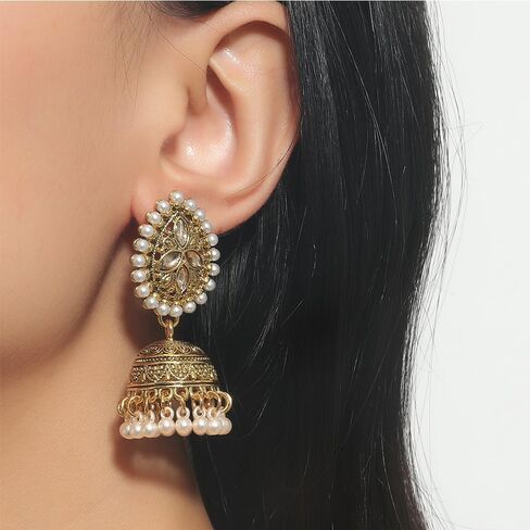 Jhumki جرس اللؤلؤ قصيرة تتدلى أقراط للنساء الفتيات بوهو خمر دمعة تشيكوسلوفاكيا زهرة كبيرة مسمار تتدلى هدايا مجوهرات الأزياء هيبوالرجينيك in Kuwait