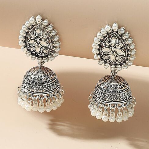 Jhumki جرس اللؤلؤ قصيرة تتدلى أقراط للنساء الفتيات بوهو خمر دمعة تشيكوسلوفاكيا زهرة كبيرة مسمار تتدلى هدايا مجوهرات الأزياء هيبوالرجينيك in Kuwait