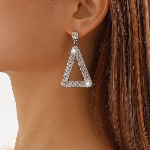 Rhinestone Big Triangle Dangle Earrings for Women Girls Hypoallergenic Crystal Long Geometric Charms Drop Dangling Stud Fashion Lightweight Wedding Christmas Birthday Party Jewelry Chic Gifts for Friends in Saudi Arabia