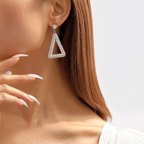 Rhinestone Big Triangle Dangle Earrings for Women Girls Hypoallergenic Crystal Long Geometric Charms Drop Dangling Stud Fashion Lightweight Wedding Christmas Birthday Party Jewelry Chic Gifts for Friends in Saudi Arabia