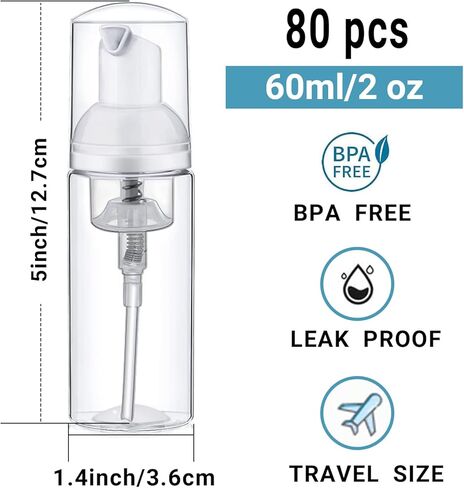زجاجة صابون اسفنجية سعة 2 اونصة، موزعات بلاستيكية مع مضخات، زجاجات بلاستيكية صغيرة فارغة للسفر لصابون اليدين والشامبو والمطهر والسوائل القابلة لاعادة الملء 80 قطعة in Kuwait