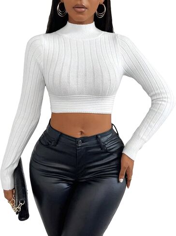 COZYEASE Women's Tie Back Crop Tops Ribbed Knit Mock Neck Long Sleeve Pullover Sweaters Knitwear in Saudi Arabia