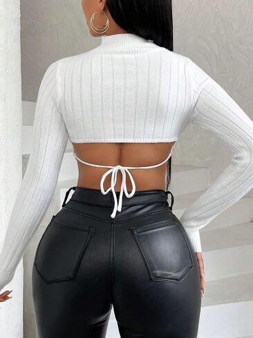COZYEASE Women's Tie Back Crop Tops Ribbed Knit Mock Neck Long Sleeve Pullover Sweaters Knitwear in Saudi Arabia