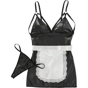 WDIRARA Women's Contrast Lace PU Leather Color Block Bow Front Lingerie Set Spaghetti Strap Bralette Bra 4 Piece Set