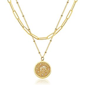 GDCOIN Layered Birth Flower Coin Necklace for Women 18K Gold Plated Double Layered Engraved Custom Floral Pendant Necklaces Dainty Birth Month Flower Disc Coin Necklace Personalized Jewelry Gift for Her