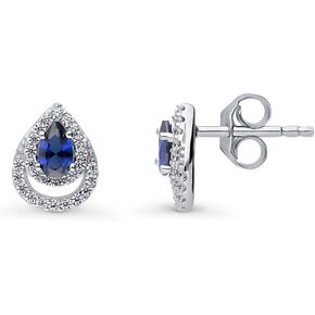 BERRICLE Sterling Silver Teardrop Simulated Blue Sapphire Cubic Zirconia CZ Stud Earrings for Women, Rhodium Plated