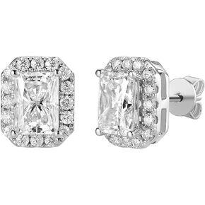 DovEggs Moissanite Stud Earrings for Women Solid 10K White Gold Post 2ct Center 5X7mm GHI Color Elongated Radiant Cut Moissanite Halo Stud Earring with Accents Push Back Sterling Silver Earrings