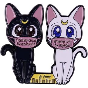Badge Metal Pin Black cat Luna and white cat Artemis wearing masks brooch cute cat reminder badge Enamel Brooch Lapel Pins For Backpacks Badges Jewelry Decorations