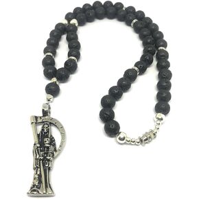 Holy death’s black lava rocks short lenght necklace. Collar corto de la Santa muerte con piedras de lava.
