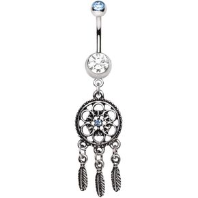 Pierced Owl Blue and Clear CZ Crystal Ornate Dream Catcher Dangle Belly Button Navel Ring