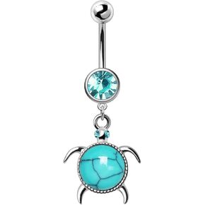 Pierced Owl CZ Crystal and Turquoise Stone Sea Turtle Dangle Belly Button Navel Ring