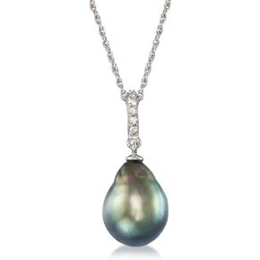 Ross-Simons 11-12mm Black Cultured Tahitian Pearl Pendant Necklace With .10 ct. t.w. Diamonds in Sterling Silver. 18 inches