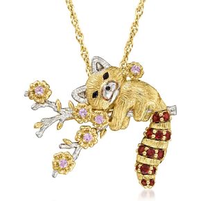 Ross-Simons 0.60 ct. t.w. Multi-Gemstone Red Panda Pin/Pendant Necklace in 18kt Gold Over Sterling