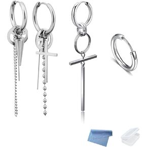 Peace Cross Earrings and Asymmetric Long Cross Hoop Earrings Punk Jewelry Gifts for Women with Mini Cloth and Mini Box