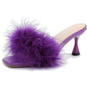 fereshte Women's Feather Heels Sandals Fluffy Fur Clear Strap Slip On Square Toe Kitten Mules