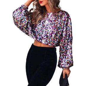 xxxiticat Women's Colorful Sequin Crop Top Long Balloon Sleeve Shiny Multi-Color Rainbow Sparkly Loose Fit Blouse Shirt