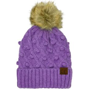 C.C Winter Sherpa Fleeced Lined Chunky Knit Stretch Pom Pom Beanie Hat Cap (Handmade Bobble Periwinkle Mix)