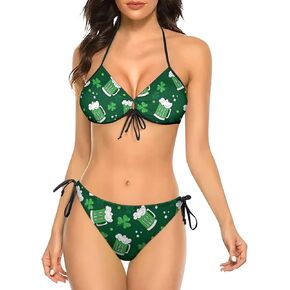 Delerain Women's Green Clover Leaf Bikini Set 2 Piece Swimsuits String Halter Triangle Bathing Suits Sexy Lace Up Swimwear