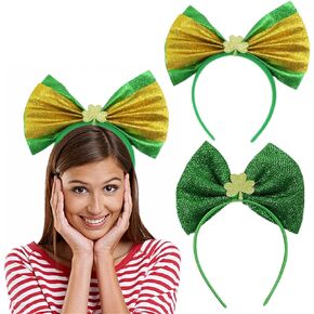 St Patrick's Day Headband, 2Pcs Green Headbands Shinny Irish Shamrock Headband Clover Headpiece St Patrick's Day Costume Accessories for Women Girls Irish Festival Party Supplies